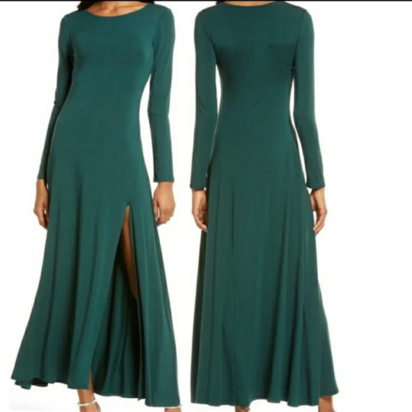 Lulu's Swept Away Forest Green Maxi Dress Knee High Slit Sexy Dress NWT Medium - Picture 2 of 14